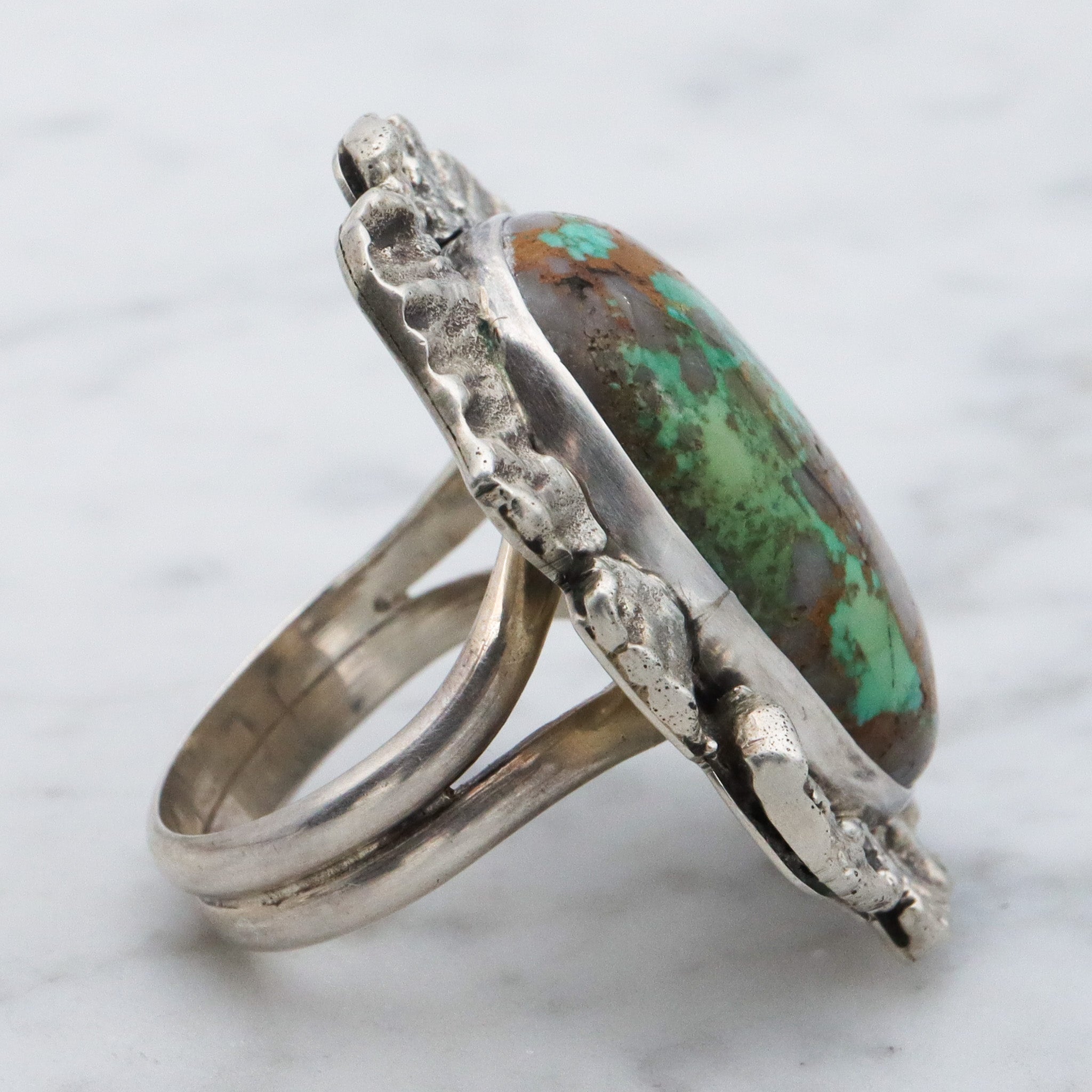 Vintage Navajo Brutalist sterling silver & turquoise ring by Ronald Tom, sz 8